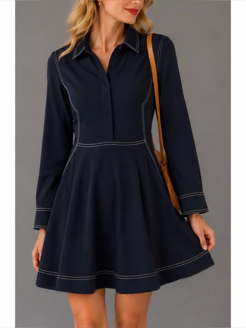 STELLA MCCARTNEY • 100% Silk Navy Contrast-Stitch Collared Mini Dress, S